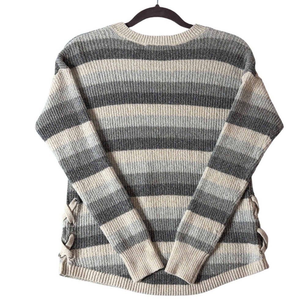 Pink Republic XS Striped Lace Up Side Sweater Oversized Chunky Knit Gray Cream - Picture 3 of 9